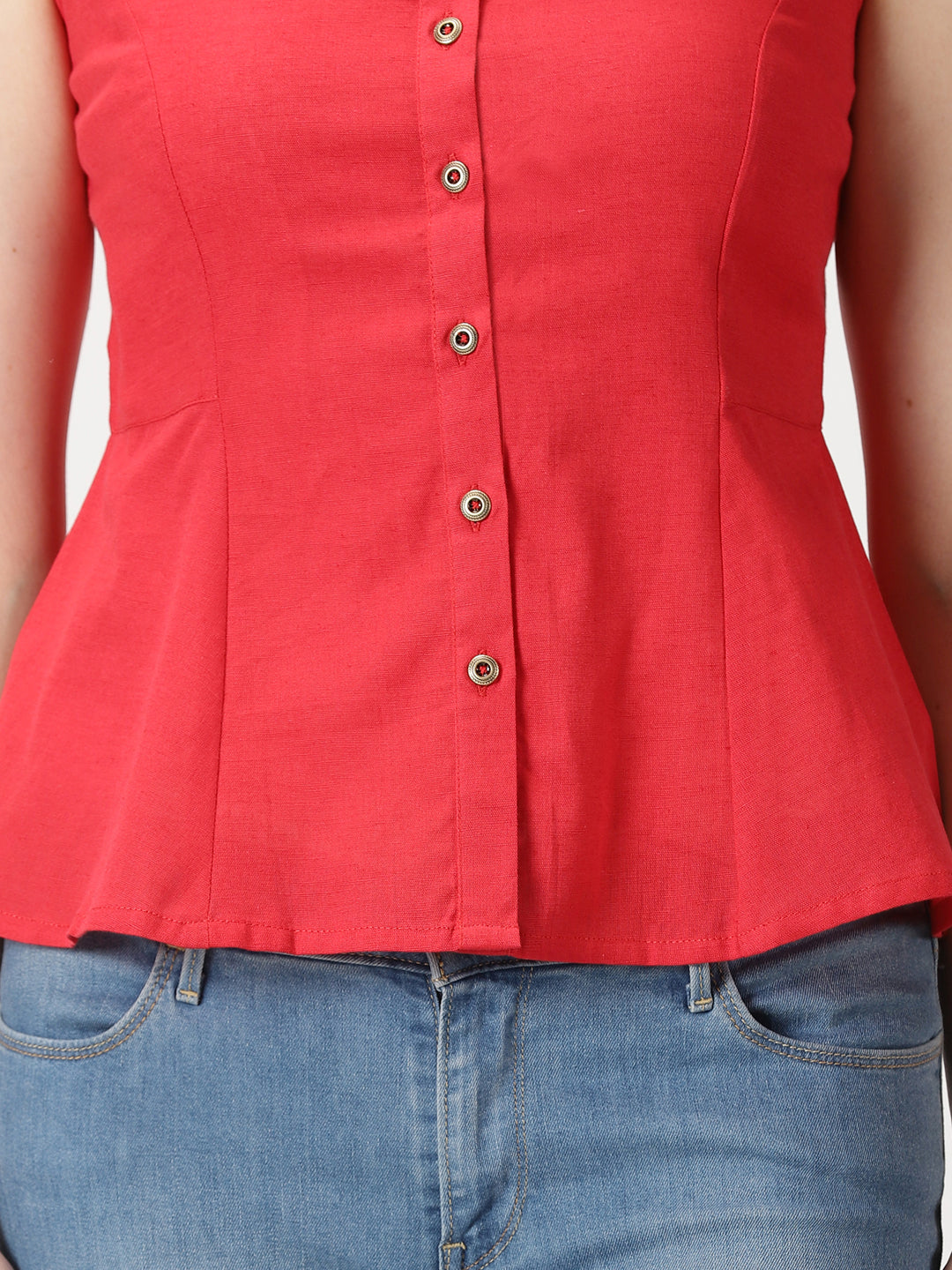 Red Cotton Linen Button-Down A-Line Top