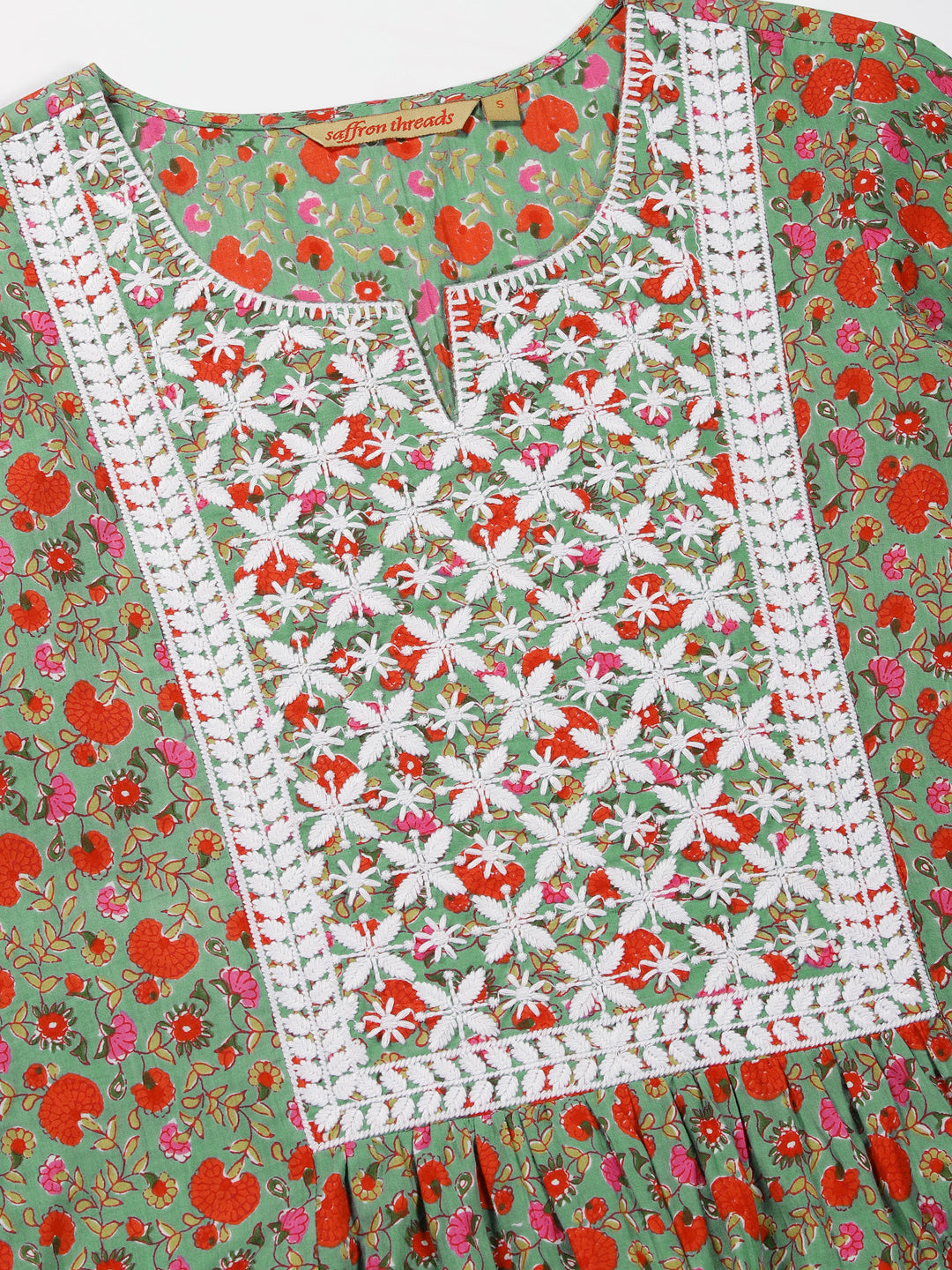 Green Floral Print Kurta with Chikankari Embroidery