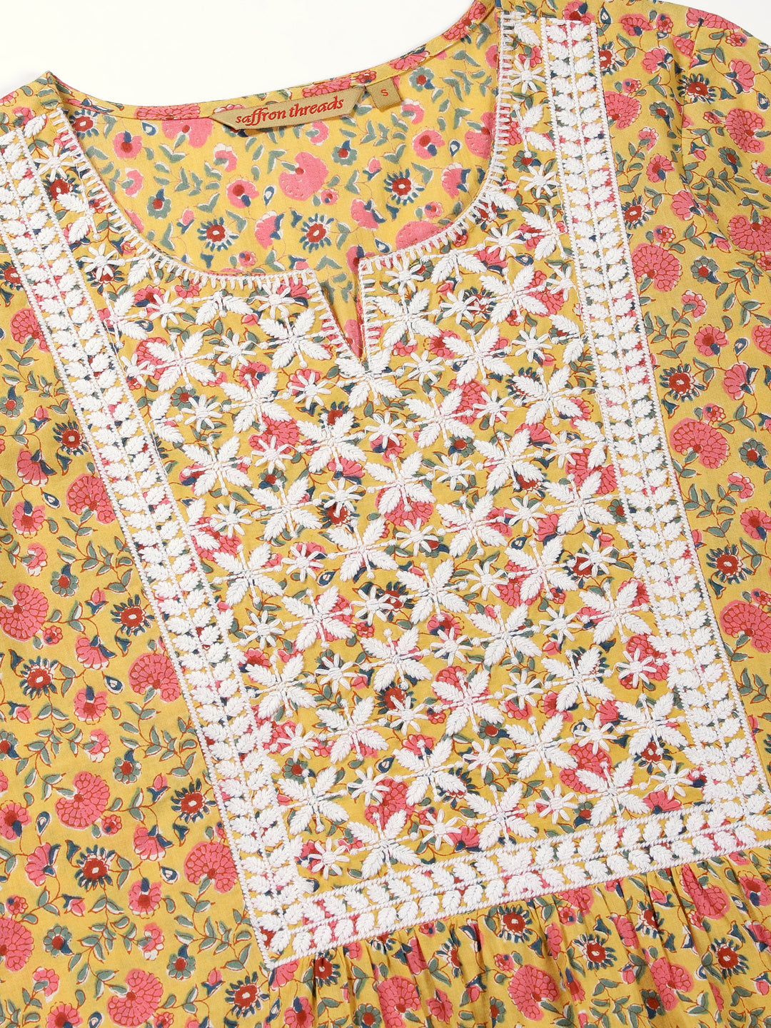 Yellow Floral Print Kurta with Chikankari Embroidery