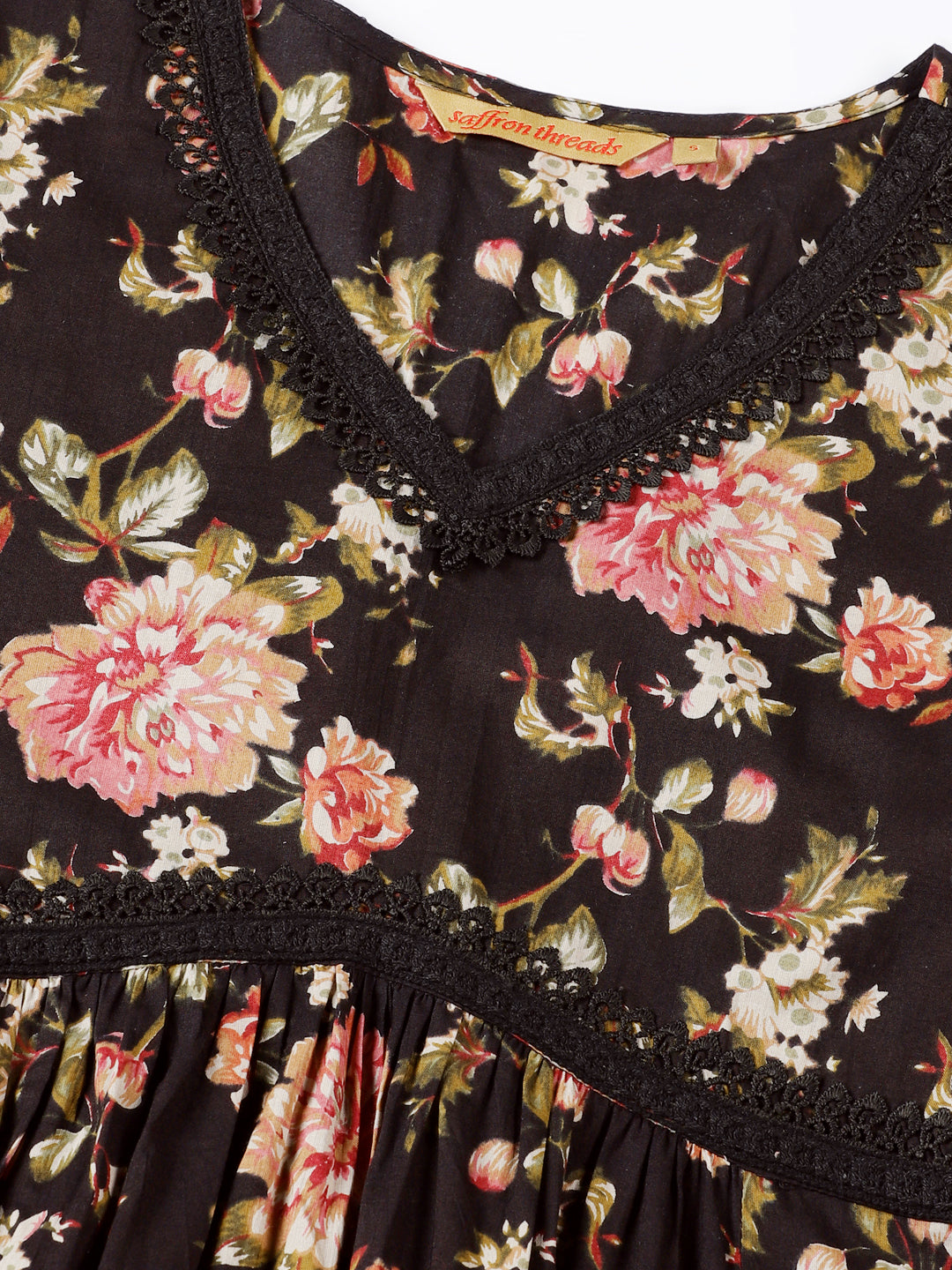 Black Floral Print Cotton Midi Dress with Lace Details