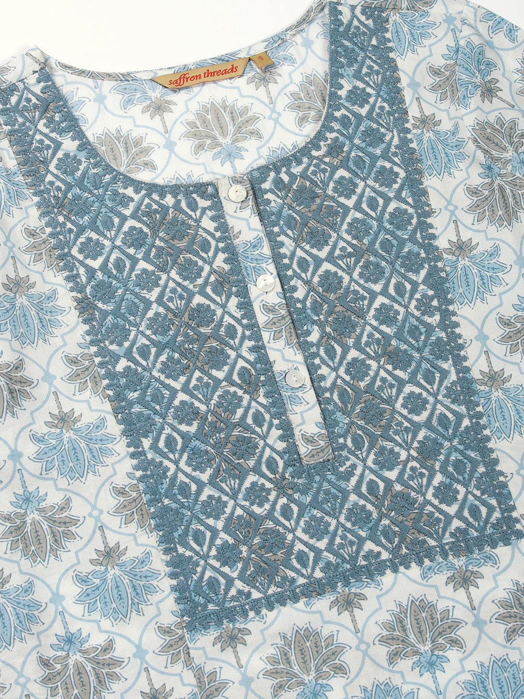 White-Blue Lotus Print Kurta with Yoke Embroidery