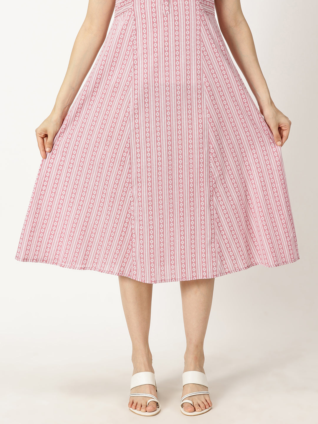 Pink Panelled Printed Cotton A-line Dress