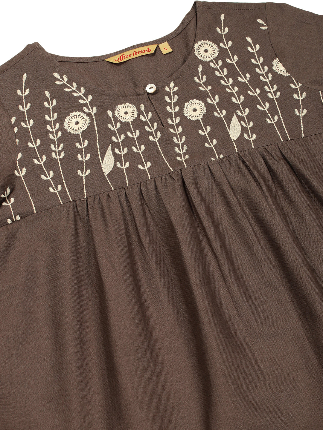 Brown Cotton Linen Embroidered Dress with Lace