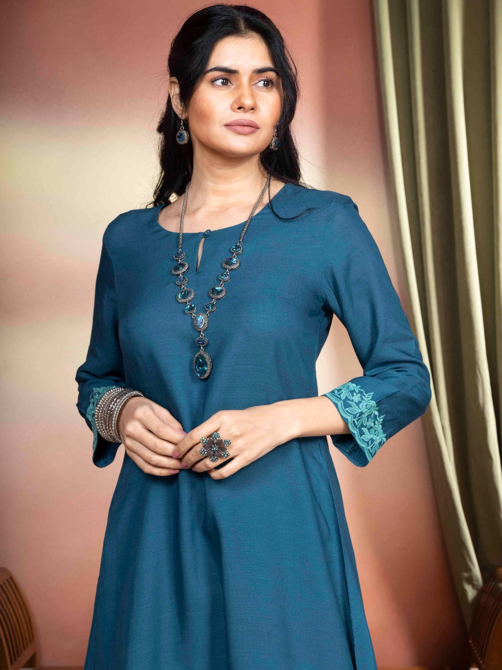 Transformative Teal Embroidered A-Line Kurta with Farshi Salwar