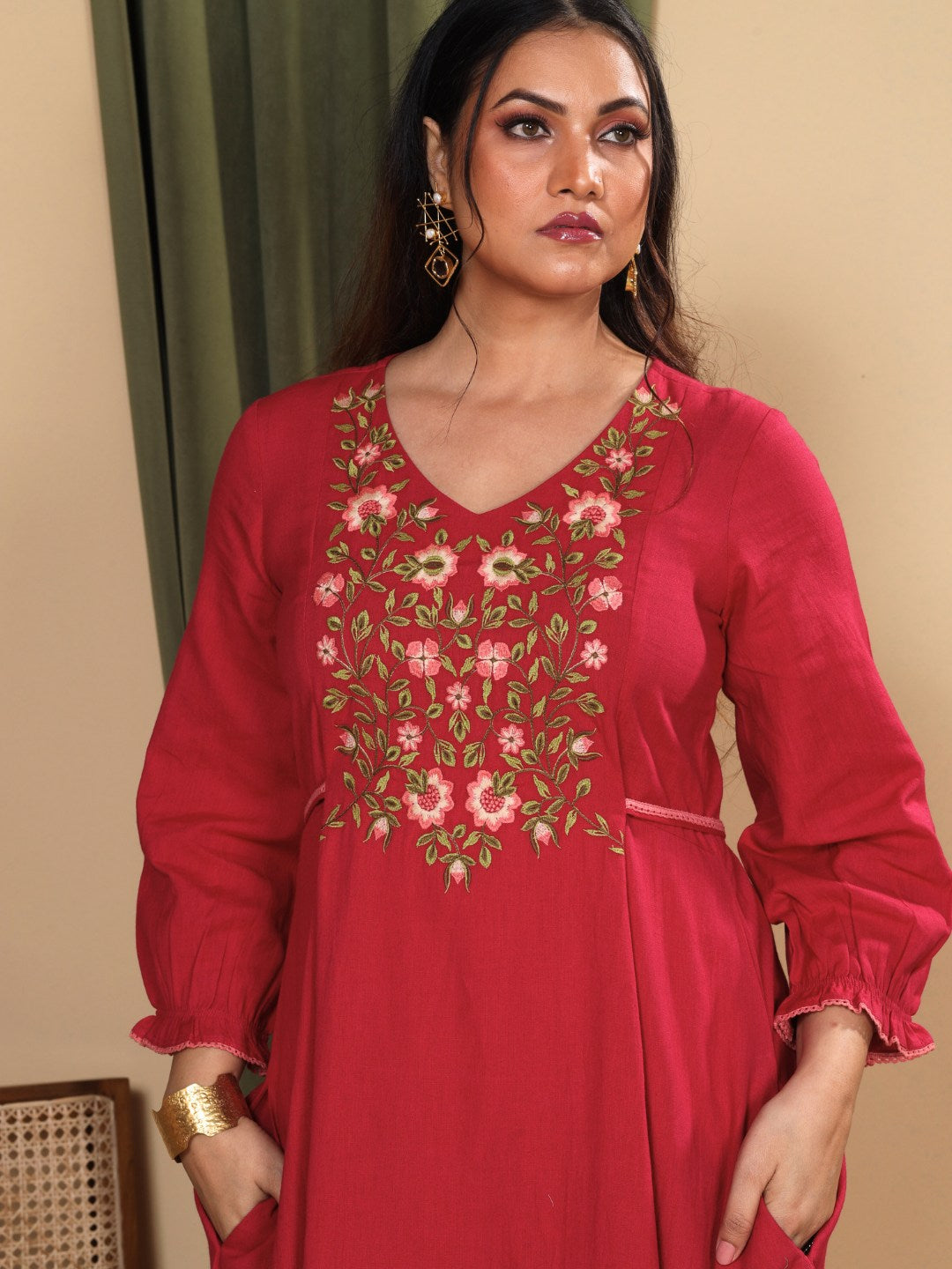 Orchid Magenta Embroidered Cotton Linen Dress