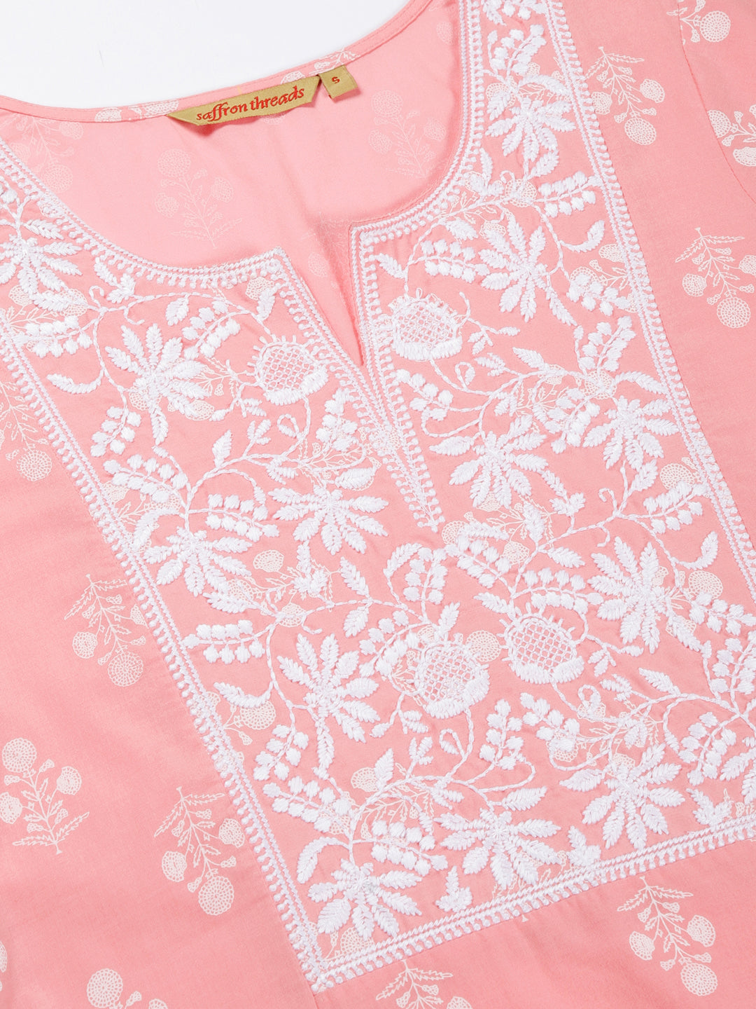 Pastel Pink Floral Print Cotton Kurta with Chikankari Embroidery