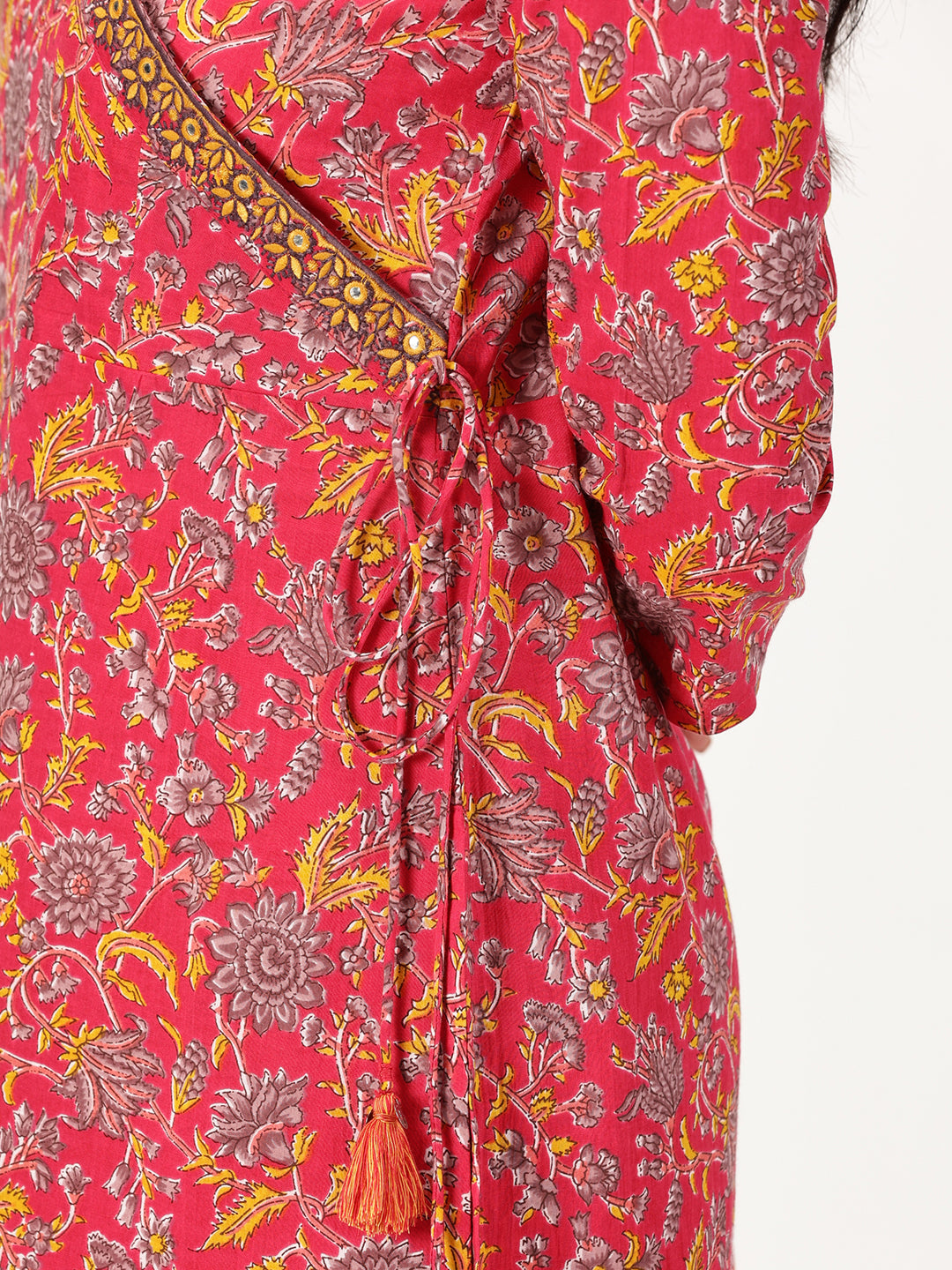 Pink Floral Print Angrakha Kurta with Neck Embroidery