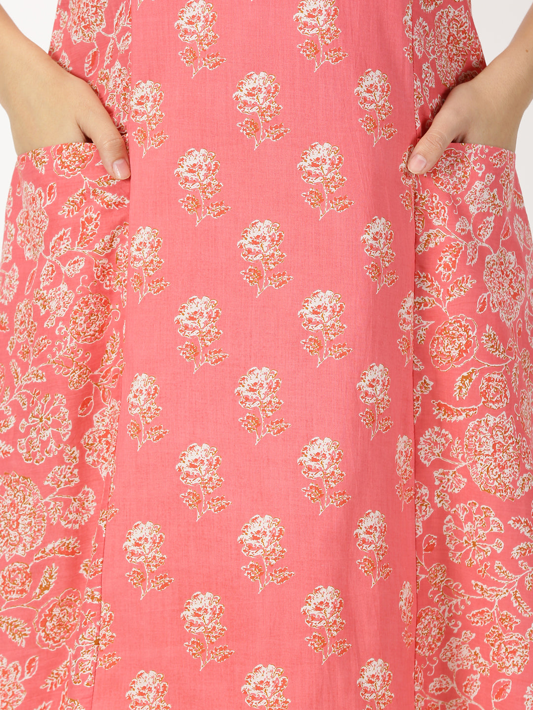 Coral Floral Print Panelled Midi Dress