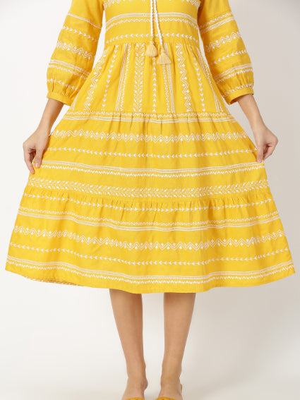 Yellow Embroidered Tiered Boho Midi Dress