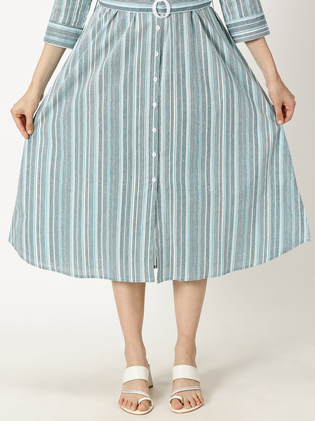 Blue Striped Print Cotton Dress with Belt Buckle