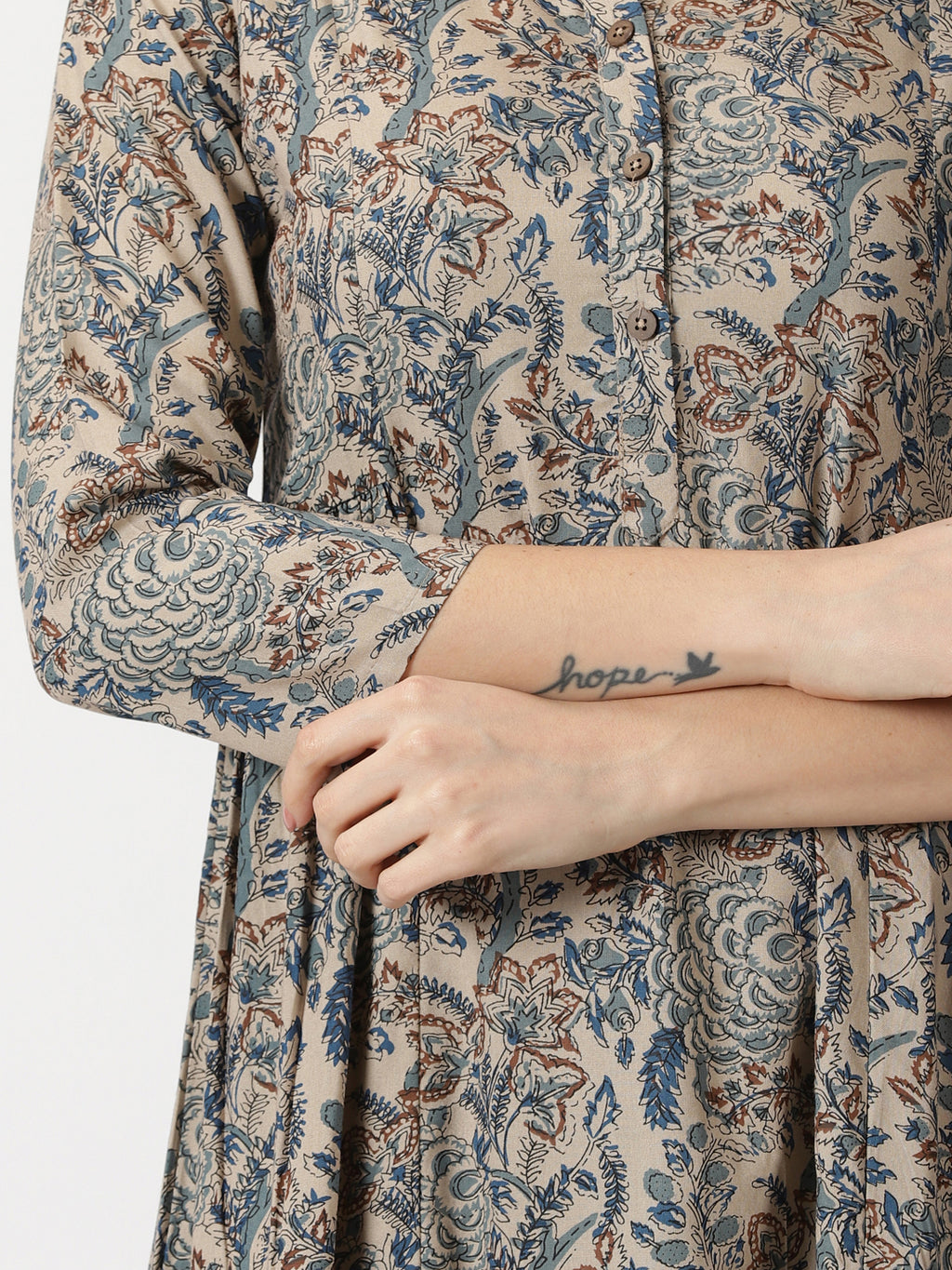 Beige Ethnic Floral Print Rayon Dress with Side Gathers