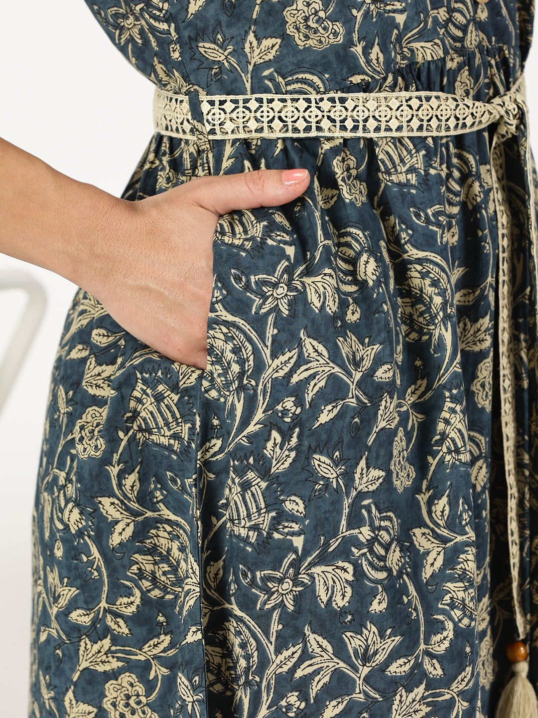 Marble Blue Ethnic Floral Print Dress with Crochet Waist Belt