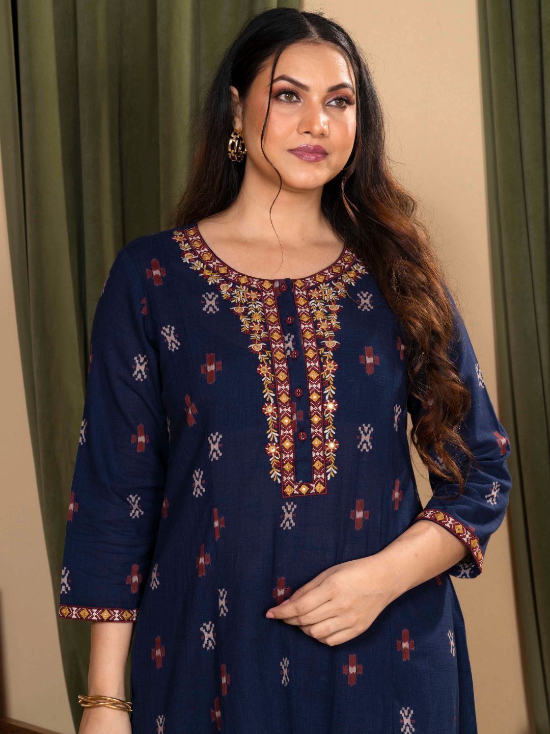 Regal Navy Blue Ikat Print Cotton Kurta with Embroidery