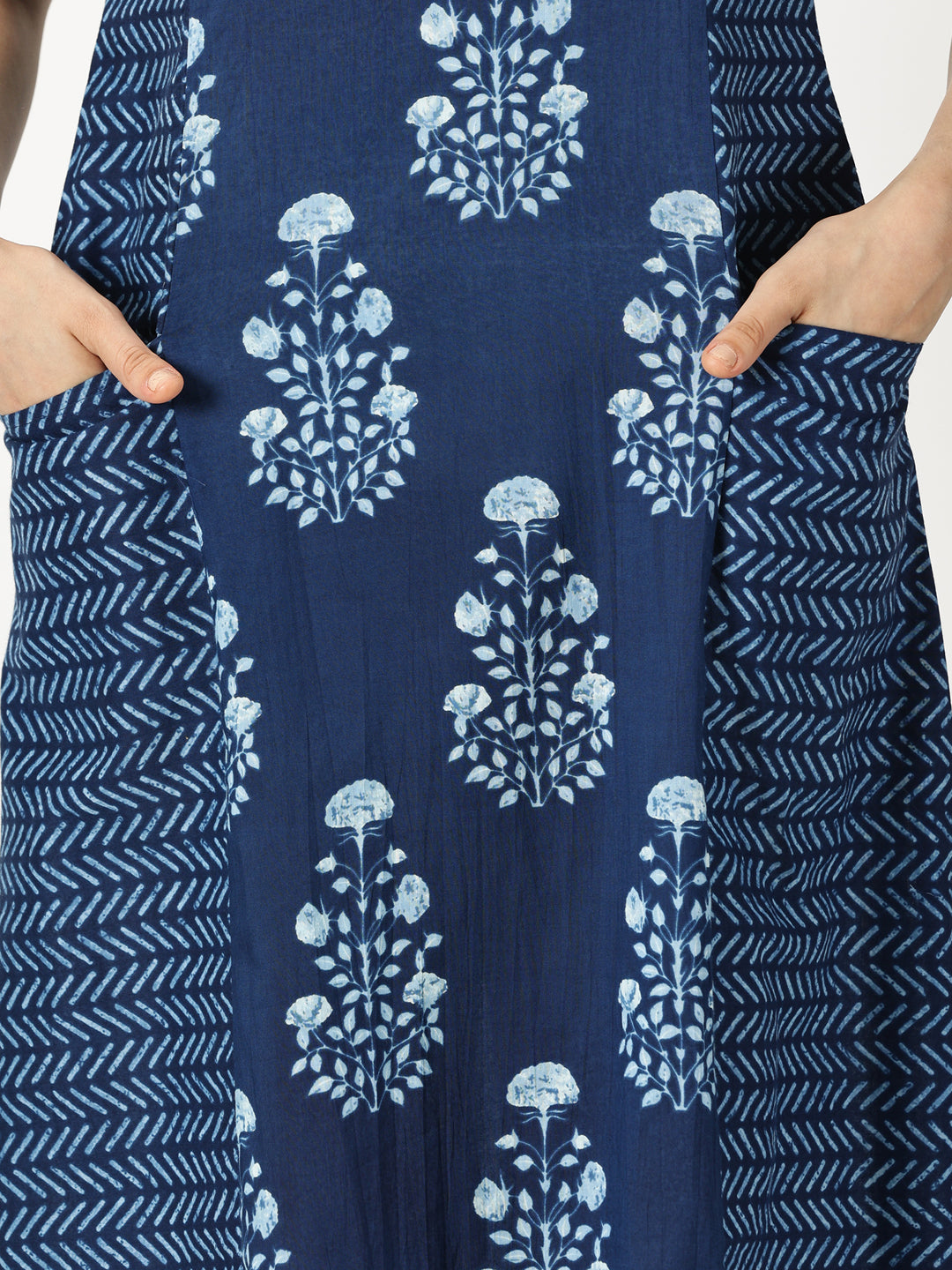 Navy Blue Ethnic Motifs Panelled Printed Cotton Dress