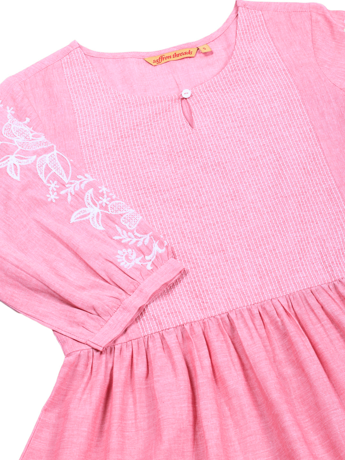 Pink Cotton Tiered Embroidered Dress