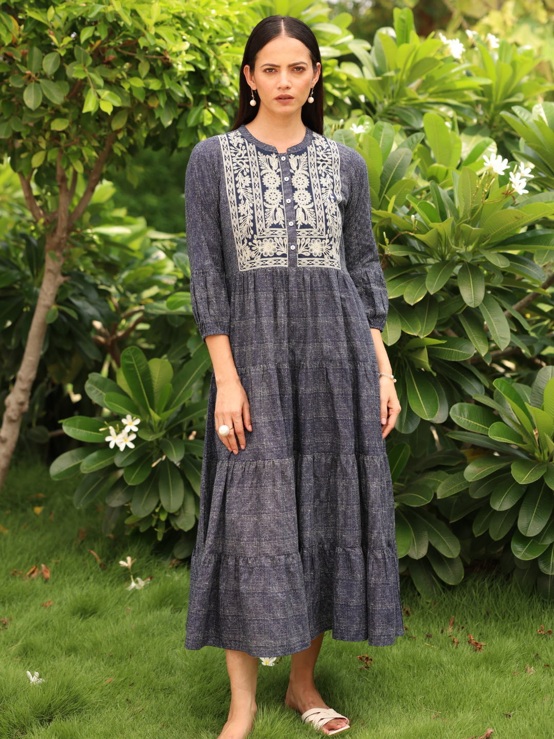 Navy Blue Cotton Tiered Midi Dress