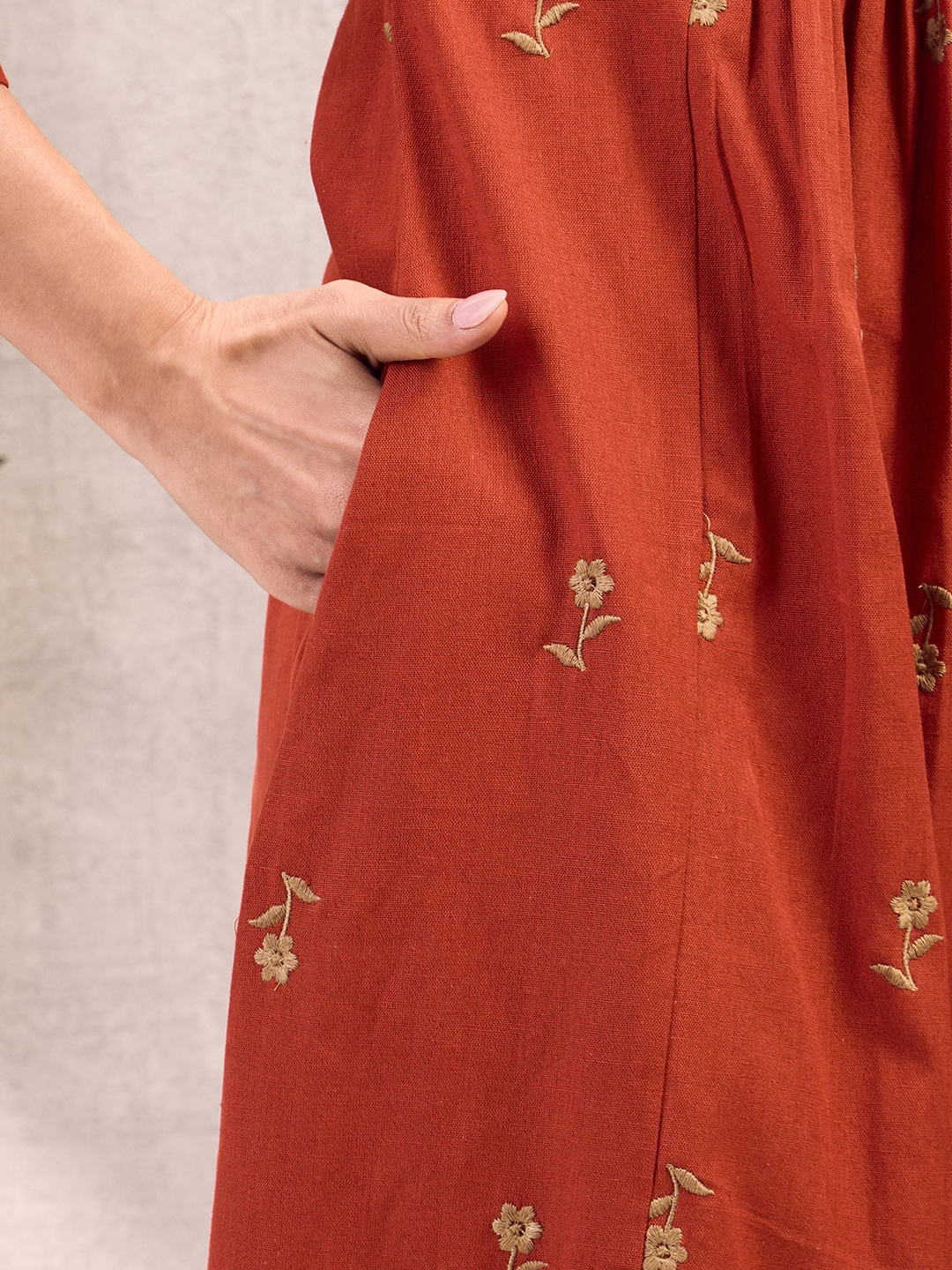 Burnt Orange Boho Embroidered Dress