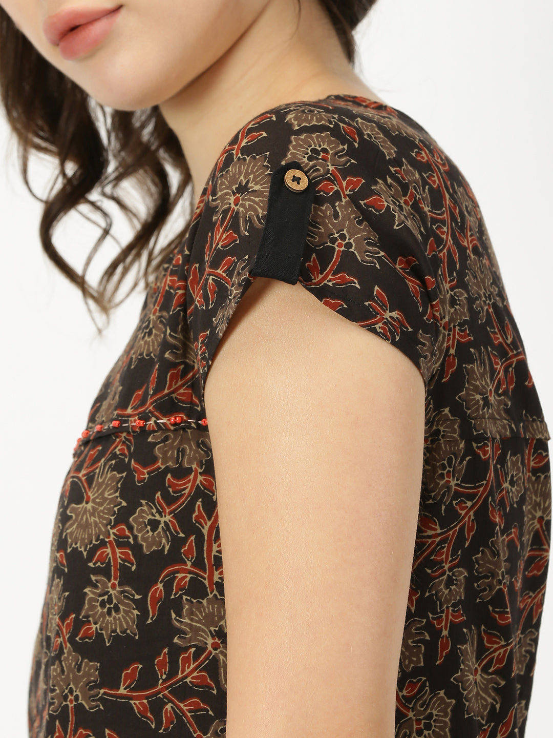 Black Ethnic Floral Print Dress with Embroidered Patch Pockets