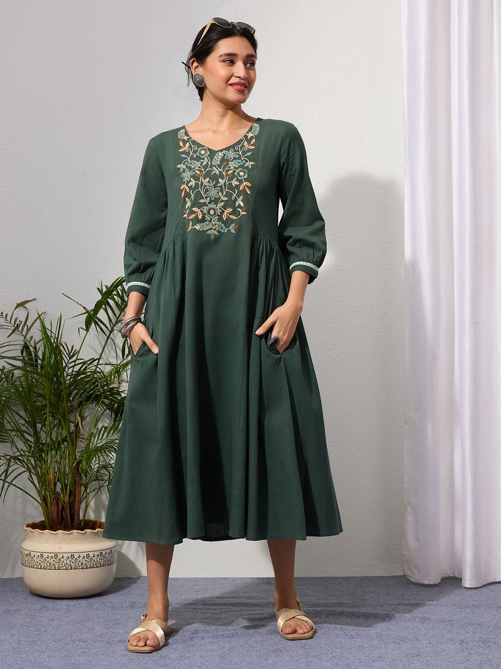Hunter Green Embroidered Cotton-Linen Dress