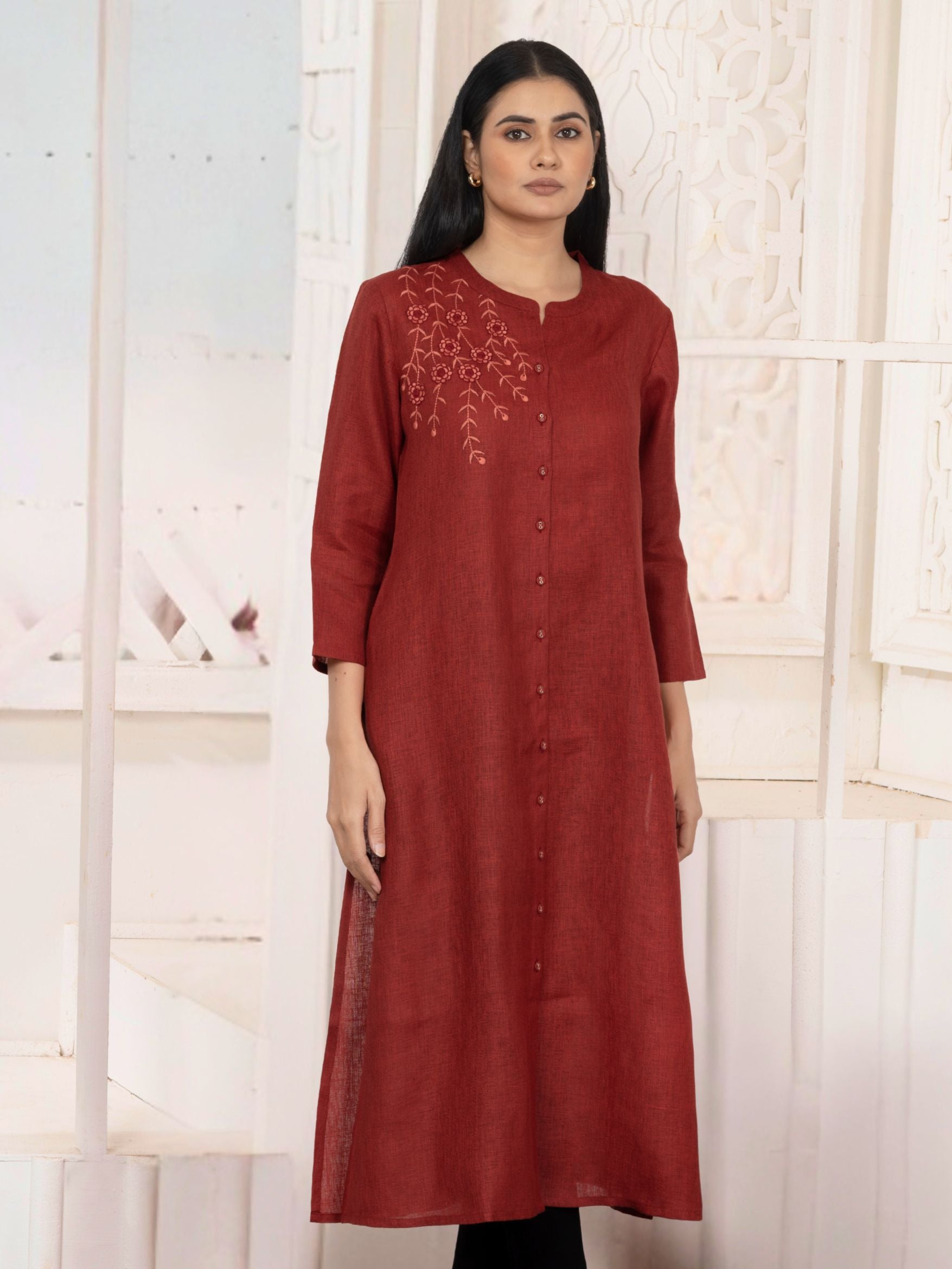 Auburn Red Vine-Trail Button-Down Kurta