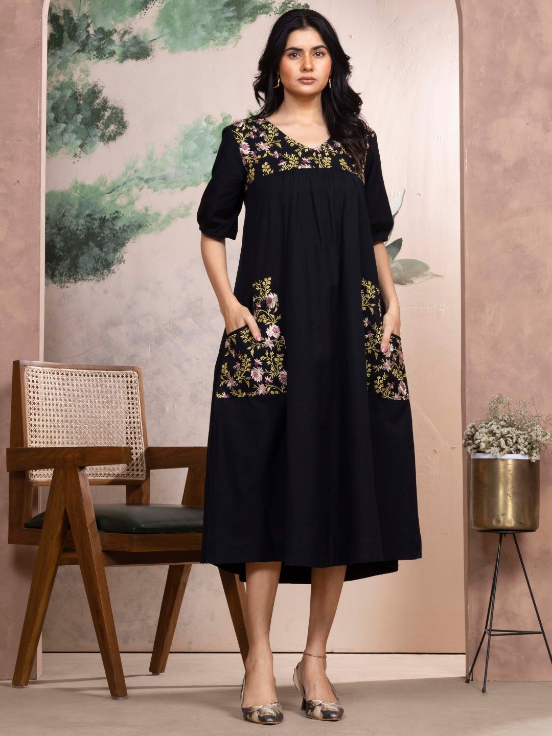 Midnight Black Cotton Linen Dress A-Line with Parsi Gara Inspired Embroidery