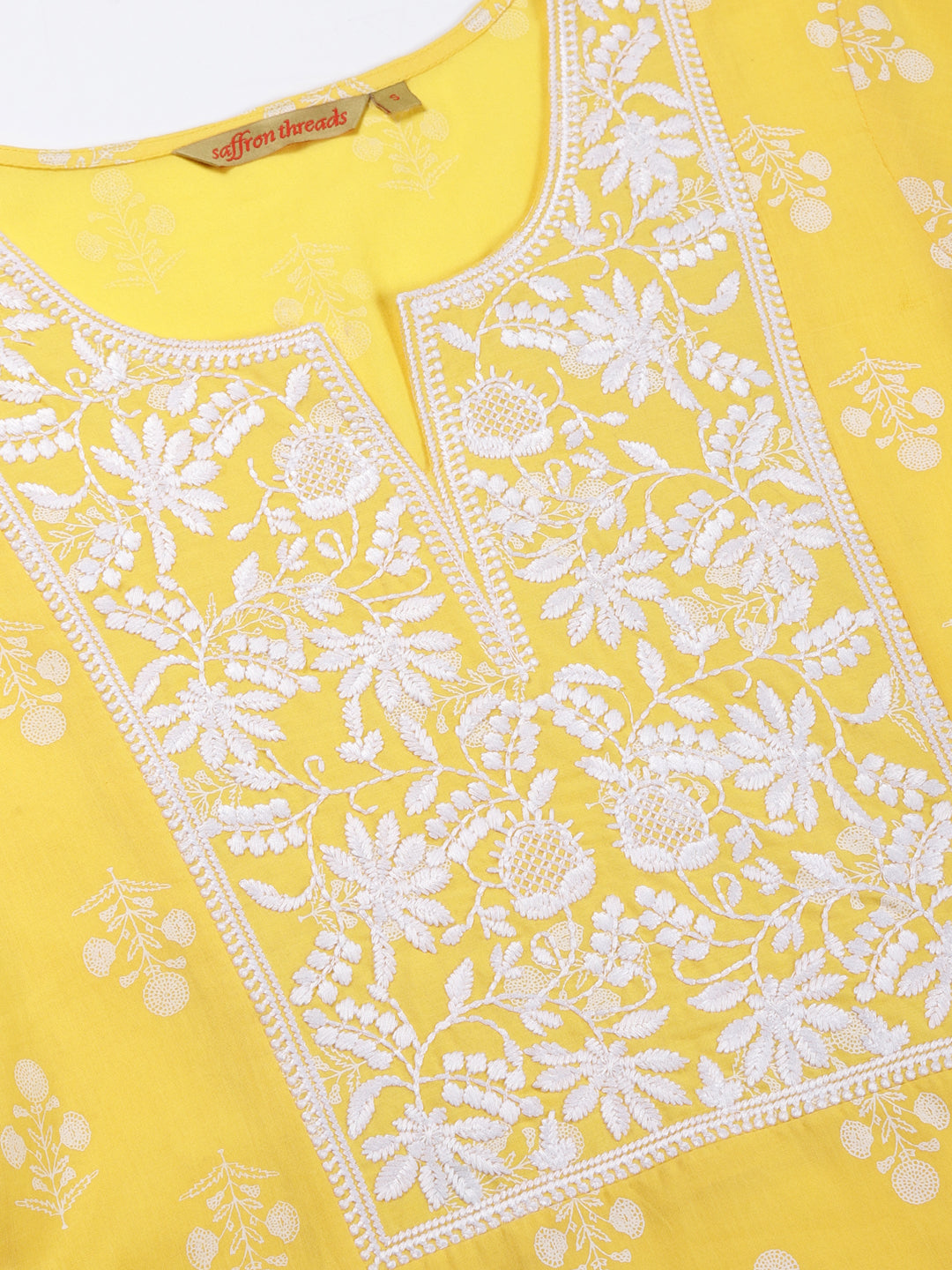 Pastel Yellow Floral Print Cotton Kurta with Chikankari Embroidery