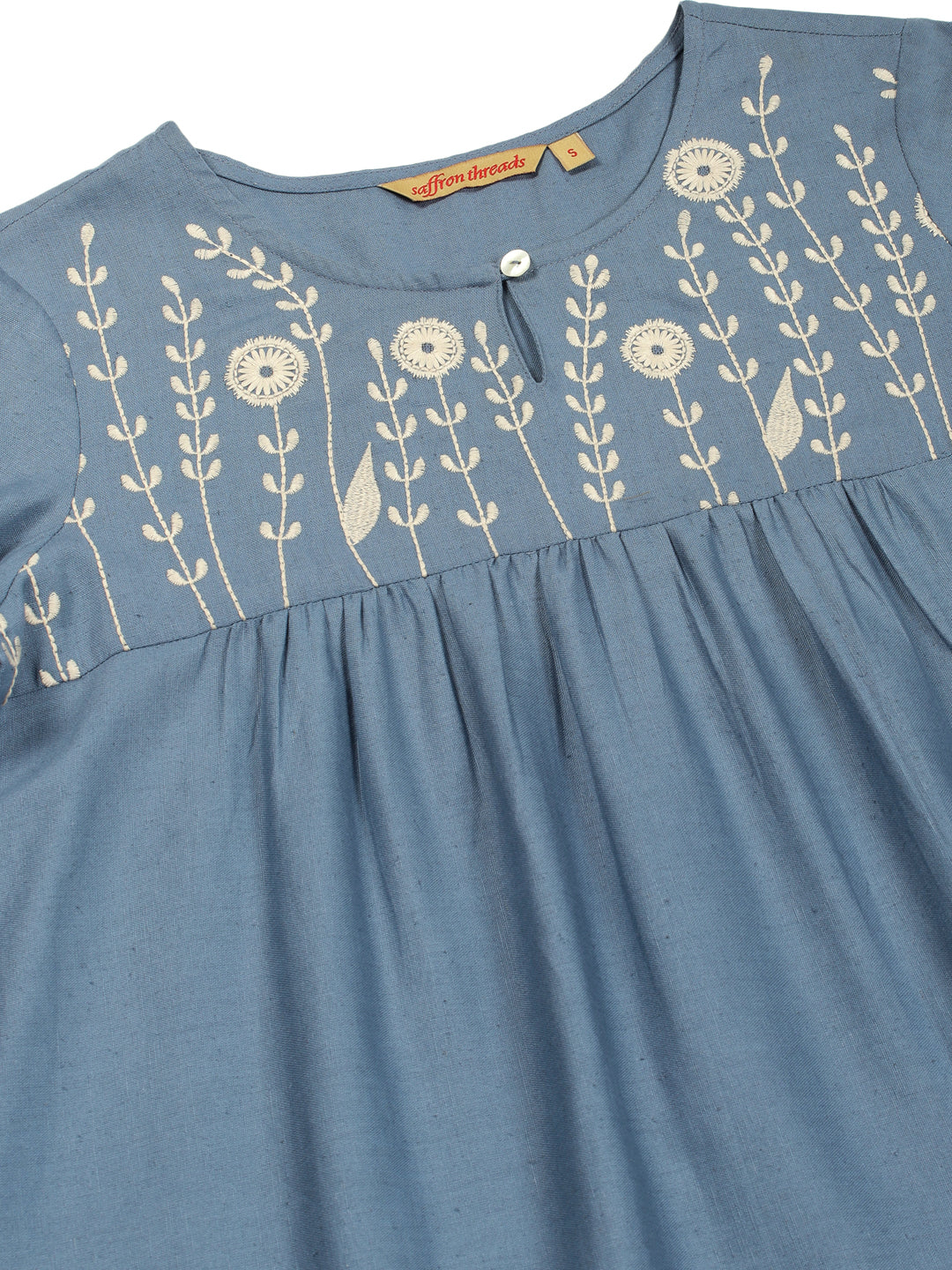 Blue Cotton Linen Embroidered Dress with Lace