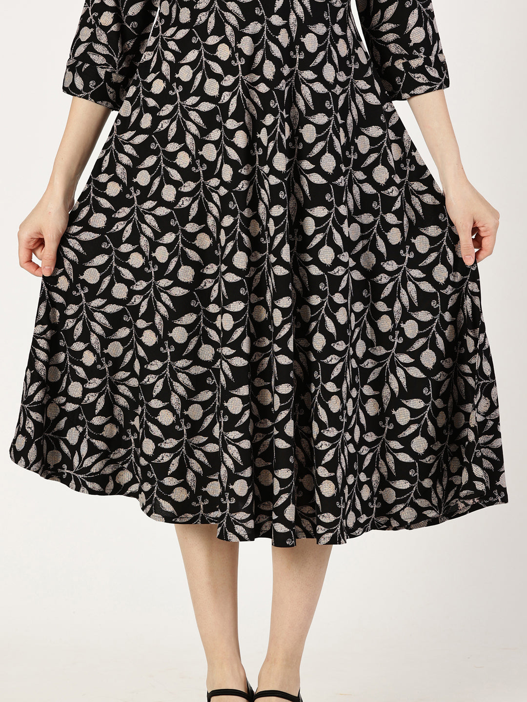 Black Tropical Print Shirt Collar Dress with Elastic Waist Belt