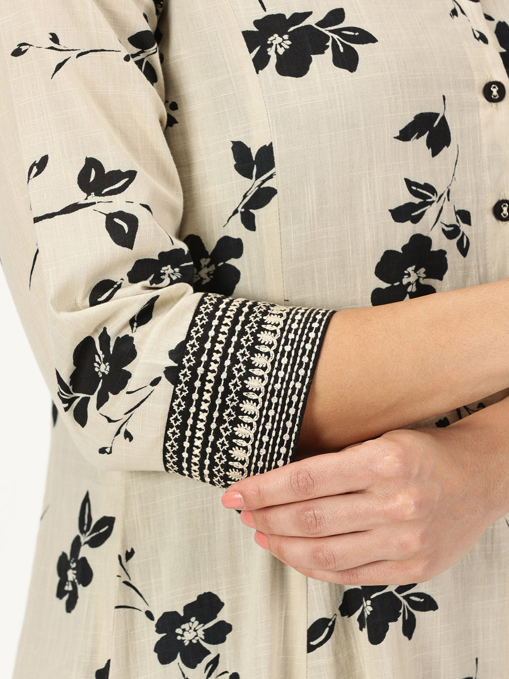 Beige Floral Button-Down Kurta with Embroidery Border