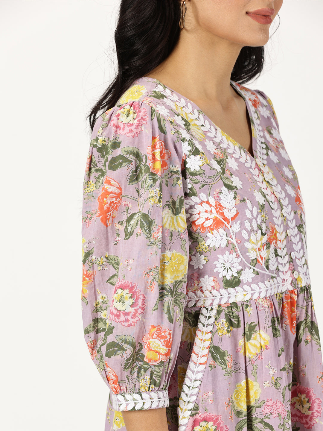 Lilac Floral Print Midi Dress with Chikankari Embroidery