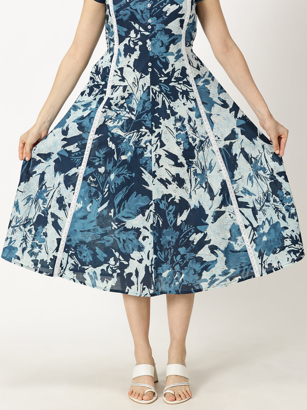 Navy Blue Floral Printed Midi Dress with Waist Tie-up