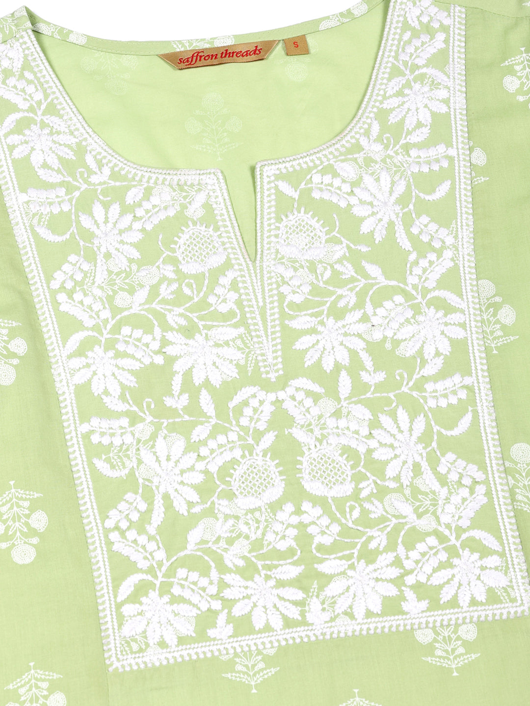 Pastel Green Floral Print Kurta with Chikankari Embroidery
