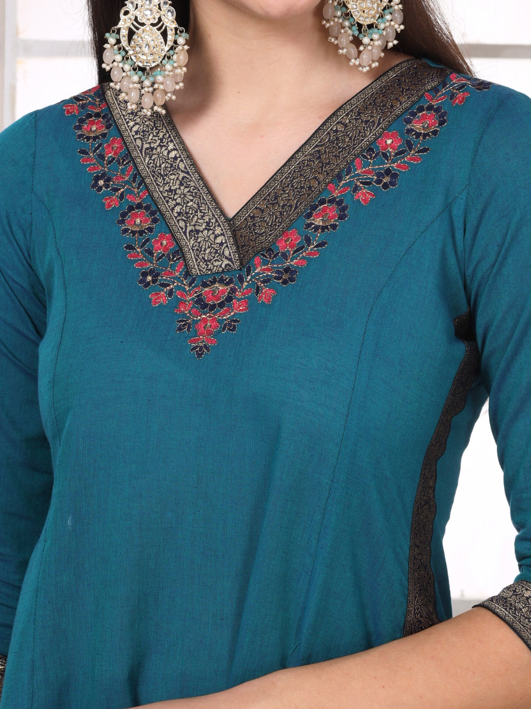 Blue Cotton Embroidered Kurta Set with Brocade Lace