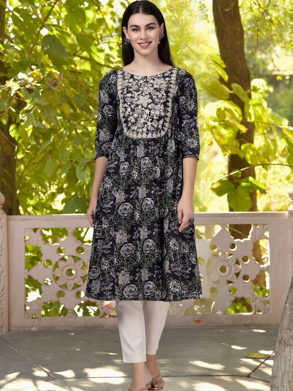 Black Floral Printed Kurta with Neck Embroidery