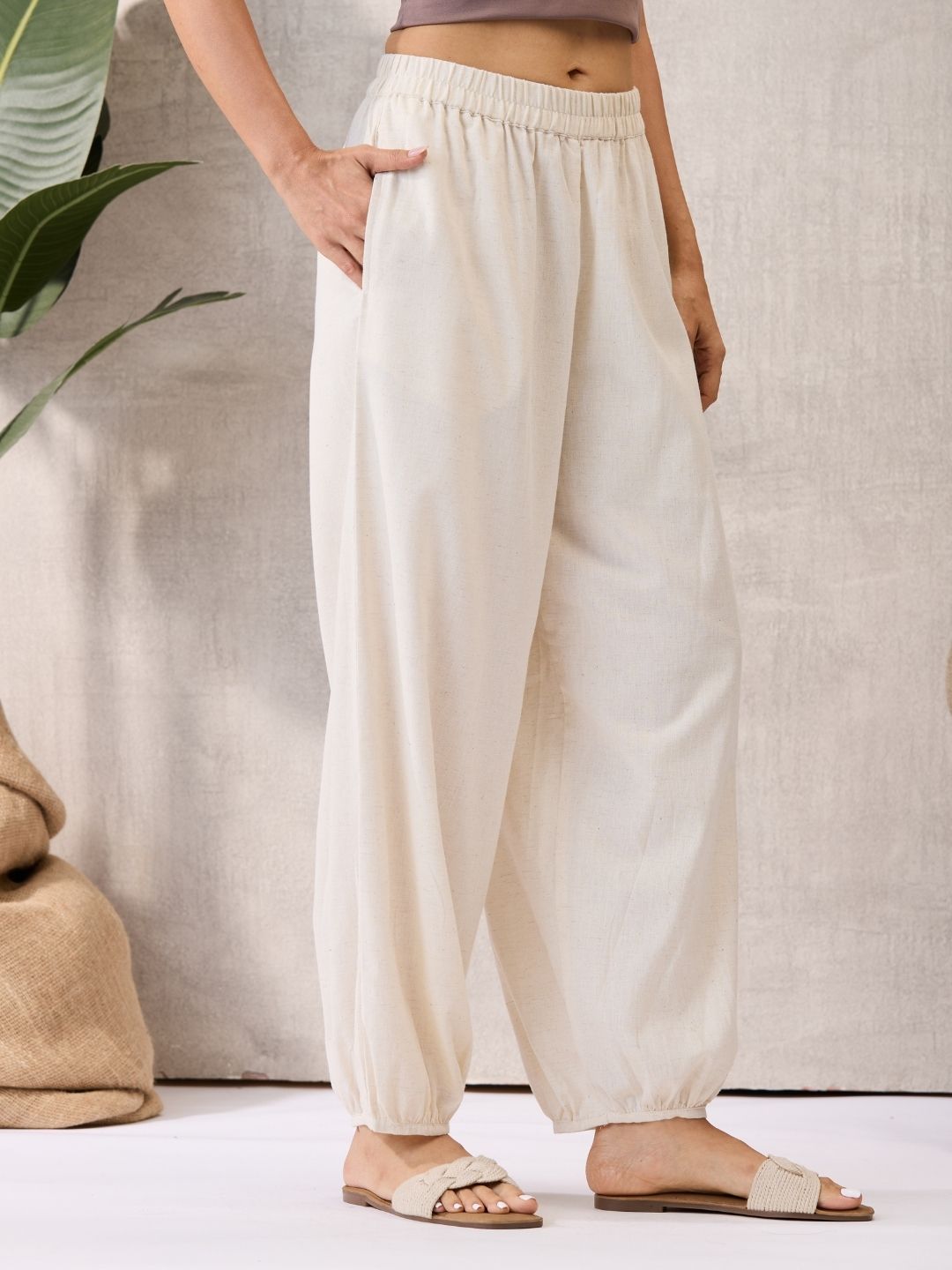 Off White Cotton Linen Piping Hem Palazzo with Pocket