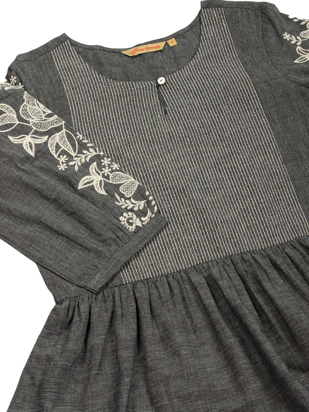 Grey Cotton Tiered Embroidered Dress