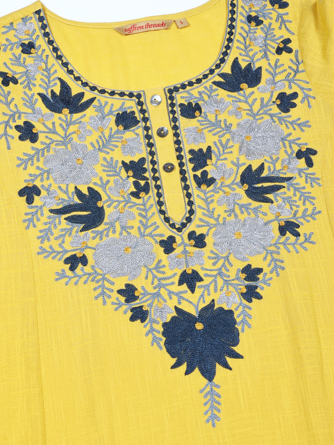 Yellow Slub Kurta with Kashida Embroidery