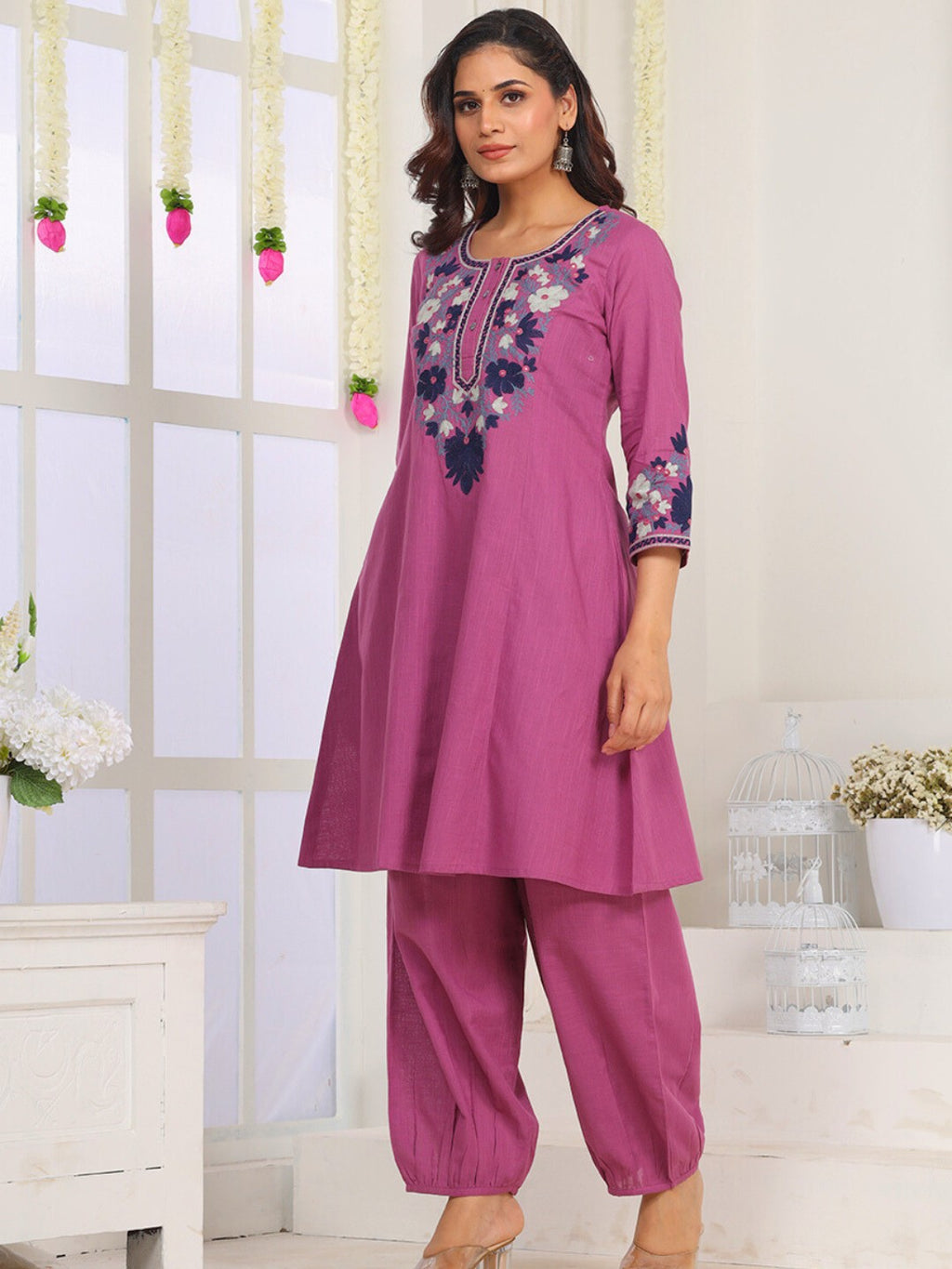 Mulberry Rose Kashida Embroidered A-Line Cotton Kurta Set with Salwar