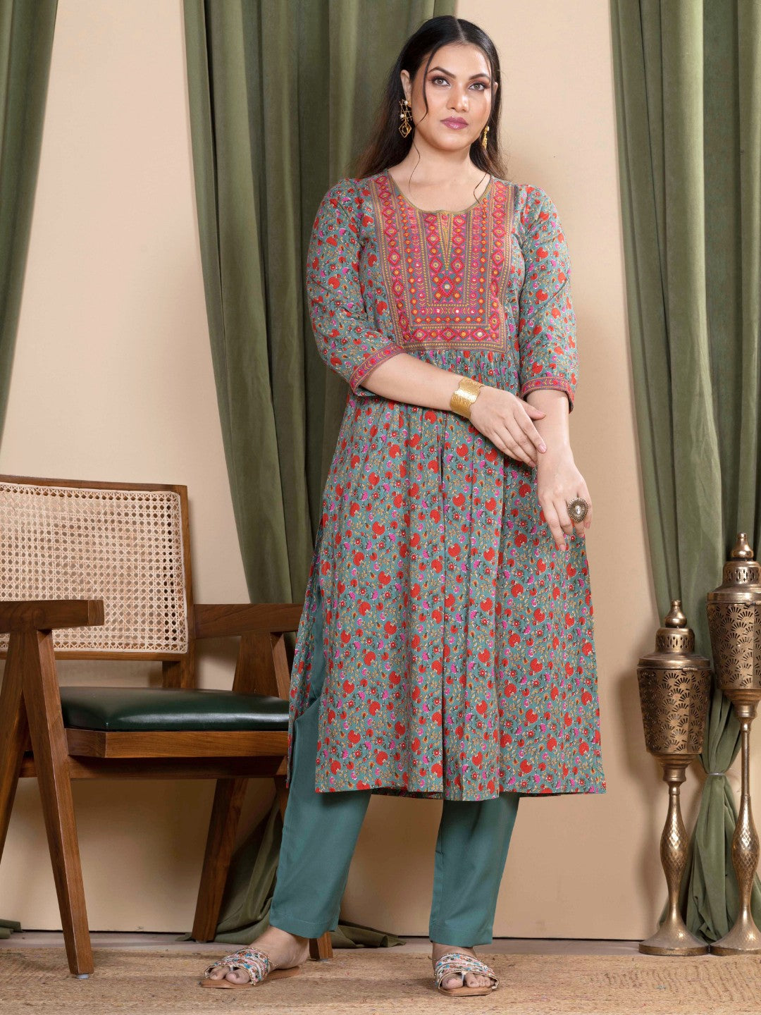 Mint Green Sanganeri Printed Kurta with Embroidered Yoke