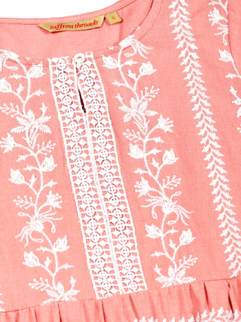 Peach Boho Embroidered Midi Dress