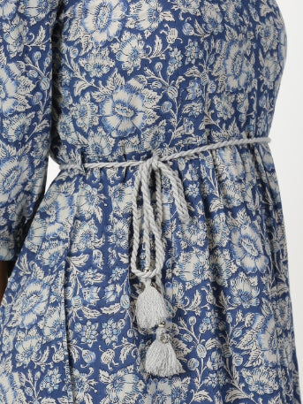 Blue Floral Print Boho Midi Dress with Belt
