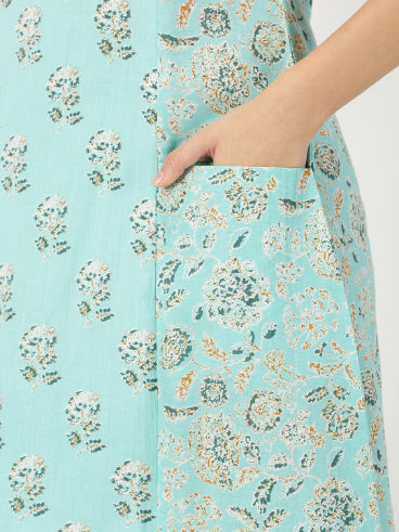 Turquoise Blue Floral Print Panelled Midi Dress