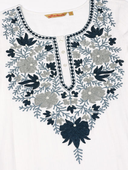 White Slub Kurta with Kashida Embroidery