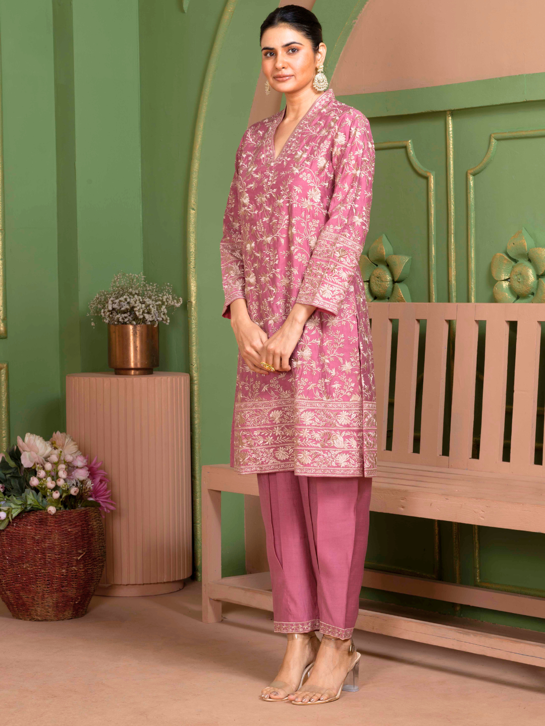 Rose Pink Parsi Gara Embroidery Kurta Set