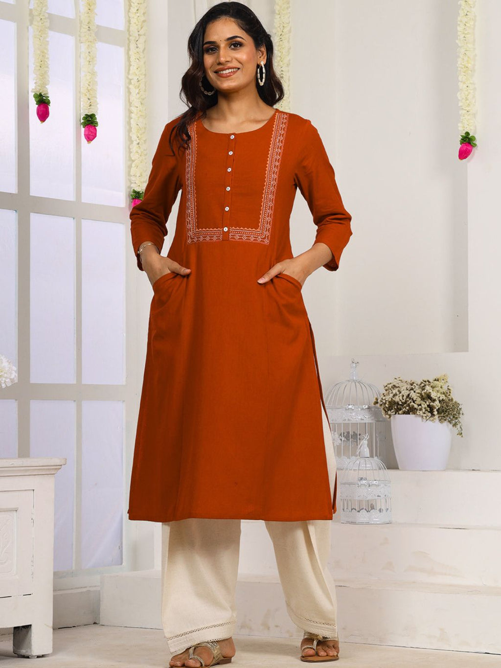 Rust Embroidered Straight Fit Kurta