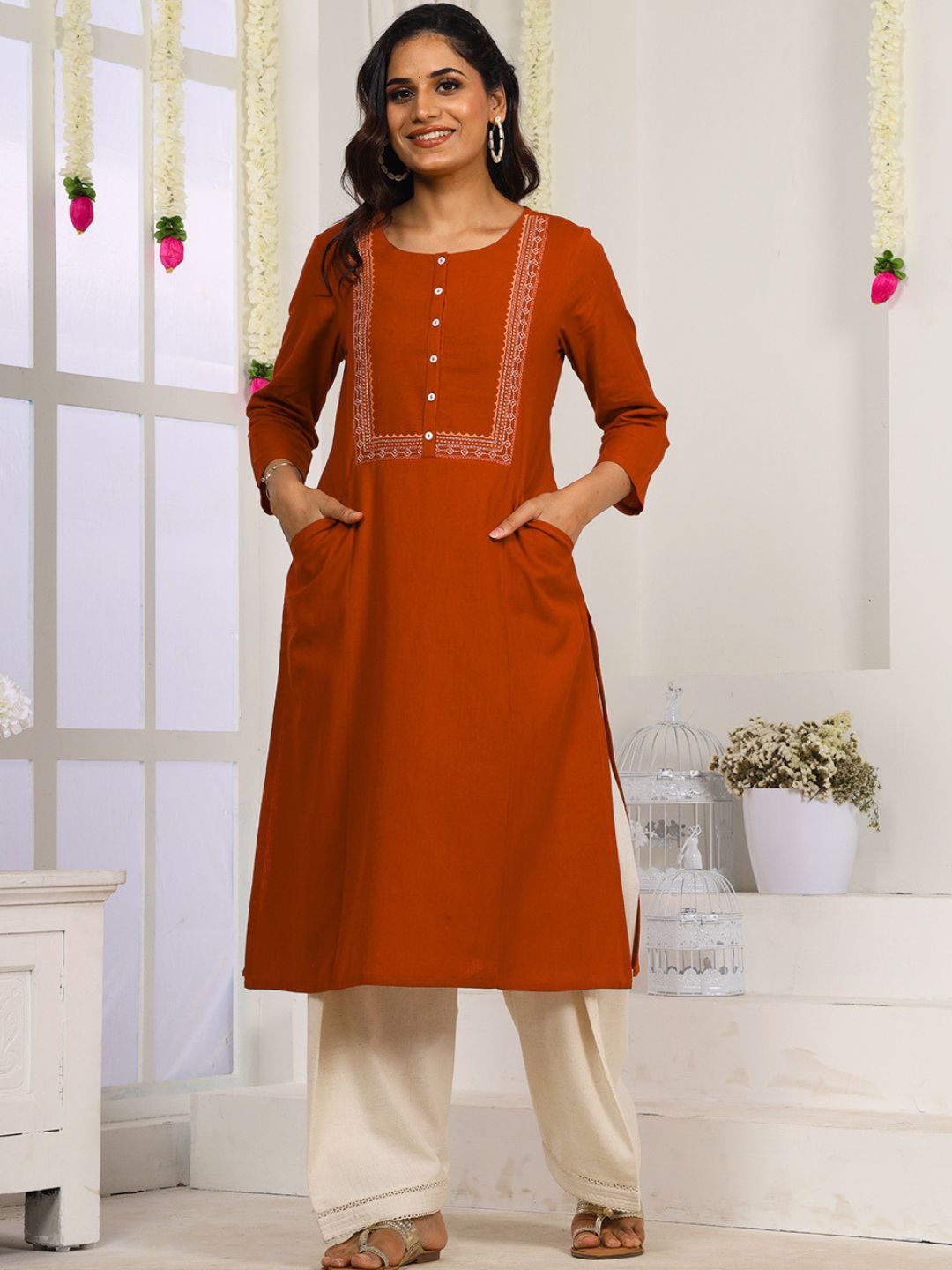 Rust Embroidered Straight Fit Kurta