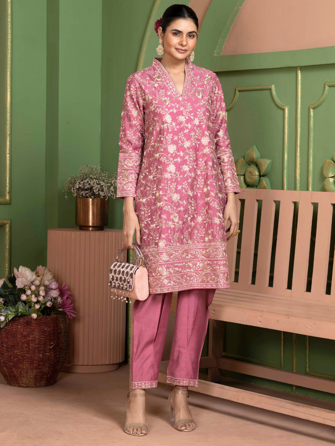 Rose Pink Parsi Gara Embroidery Kurta Set