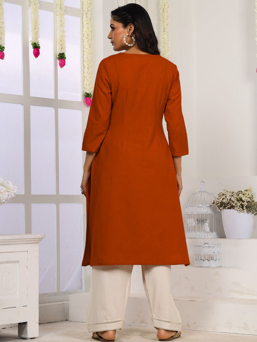 Rust Embroidered Straight Fit Kurta