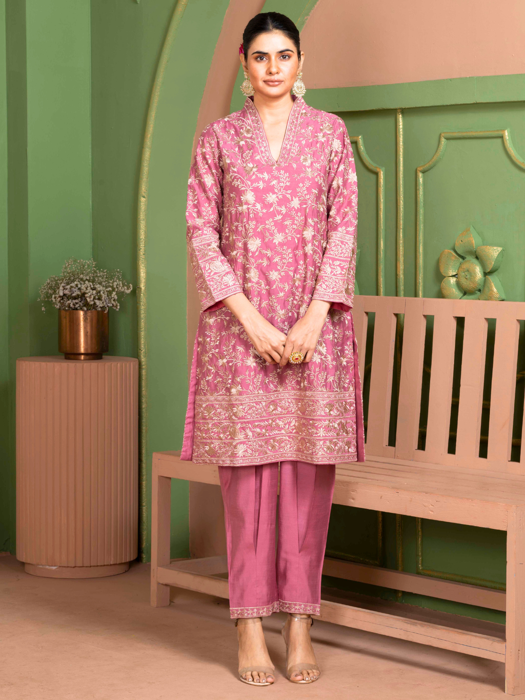 Rose Pink Parsi Gara Embroidery Kurta Set