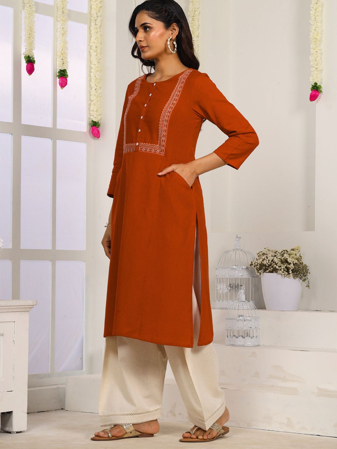 Rust Embroidered Straight Fit Kurta